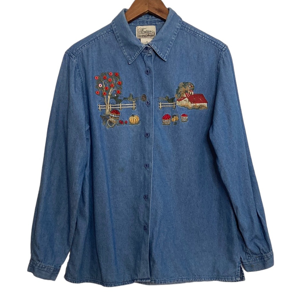 Vintage Shirt Womens 12 Blue Denim Apple Orchard Farm Embroidered 90s Mom